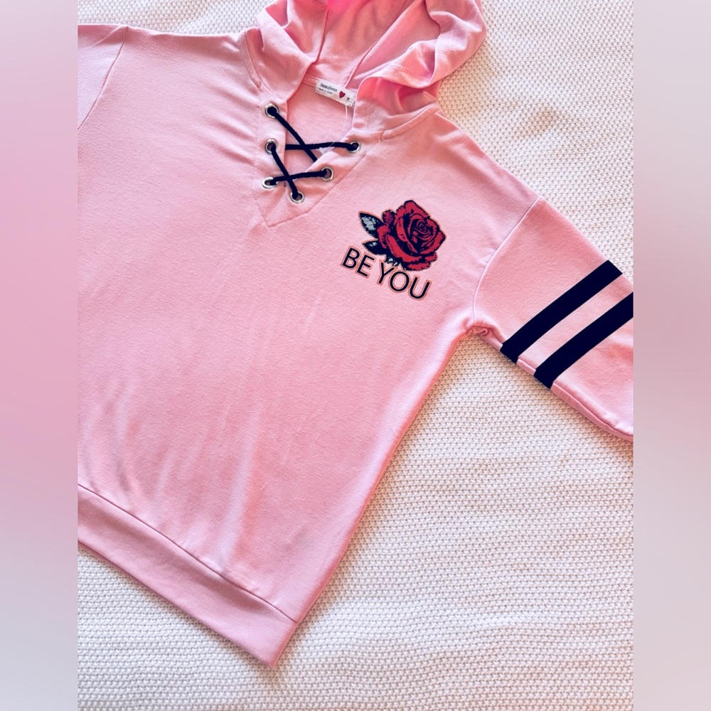 BEAUTEES Girls Pink Lace-Up Kids Hoodie Long Sleeve Tee Sporty T-shirt - Picture 4 of 14